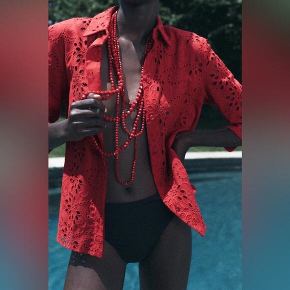 Zara Red ZW COLLECTION EMBROIDERED POPLIN SHIRT - Picture 1 of 9